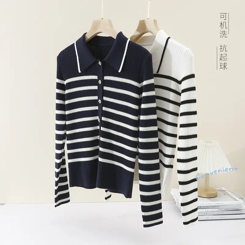 Damen Marin-inspiriertes Rippenstrick-Cardigan mit Polokragen und Zierknopfleiste Drune