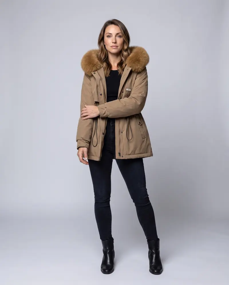 Damen maßgeschneiderter Parka mit voluminösem Faux-Fur-Kragen, Kordelzugtaille und verdeckter Windblende
