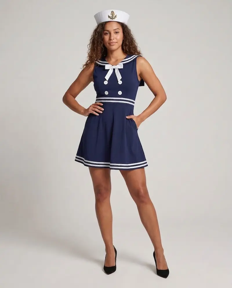 Damen Matrosenkleid mit Schulterkragen und maritimen Akzenten Drune