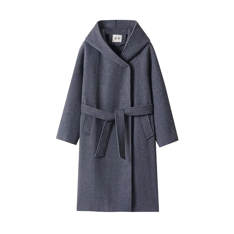 Damen Maxi-Mantel mit überzogener Kapuze, Bindegürtel und minimalistischer Wollmix‑Silhouette Drune