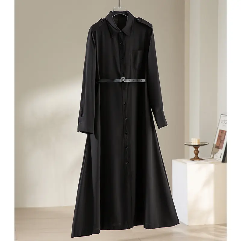 Damen Maxikleid als Hemdkleid mit Taillengürtel und Epauletten Drune