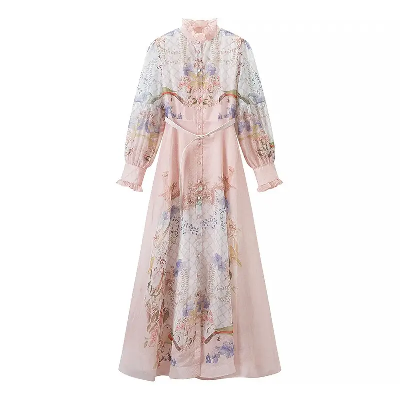 Damen Maxikleid aus Chiffon mit floralem Print, Stehkragen und Puffärmeln Drune
