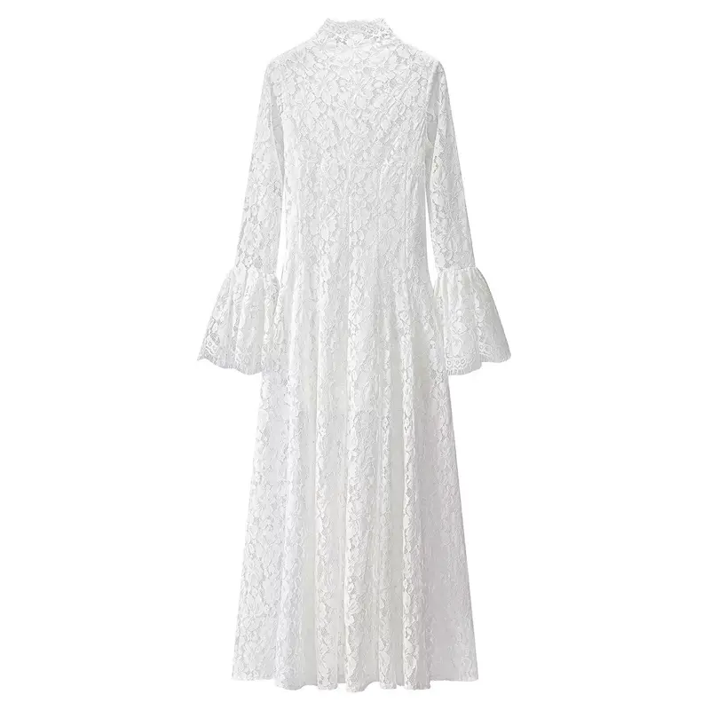 Damen Maxikleid aus floraler Spitze mit hohem Stehkragen und Glockenärmeln Drune