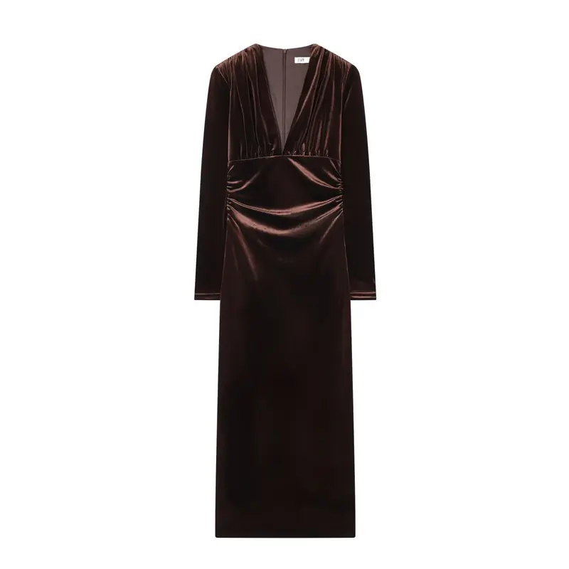 Damen Maxikleid aus Samt mit tiefem V‑Ausschnitt und Taillenraffung Drune