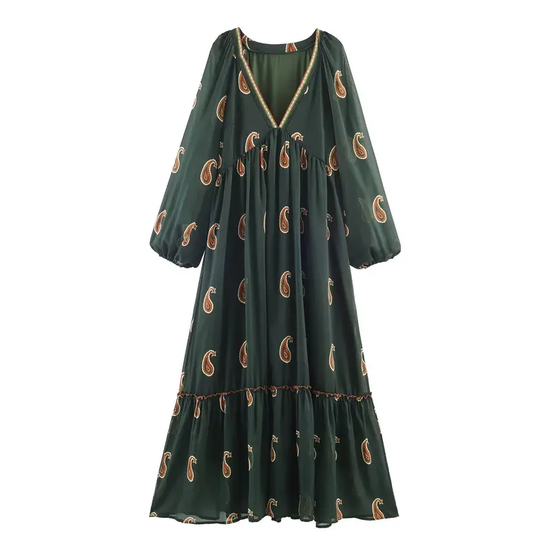 Damen Maxikleid im Boho‑Stil mit Paisley‑Print und V‑Ausschnitt Drune