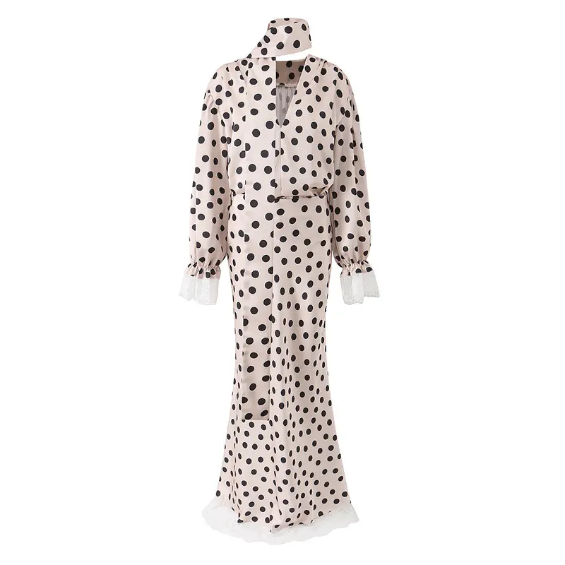 Damen Maxikleid im Retro‑Polka‑Dot‑Stil mit Spitzenbesatz und Taillengürtel Drune