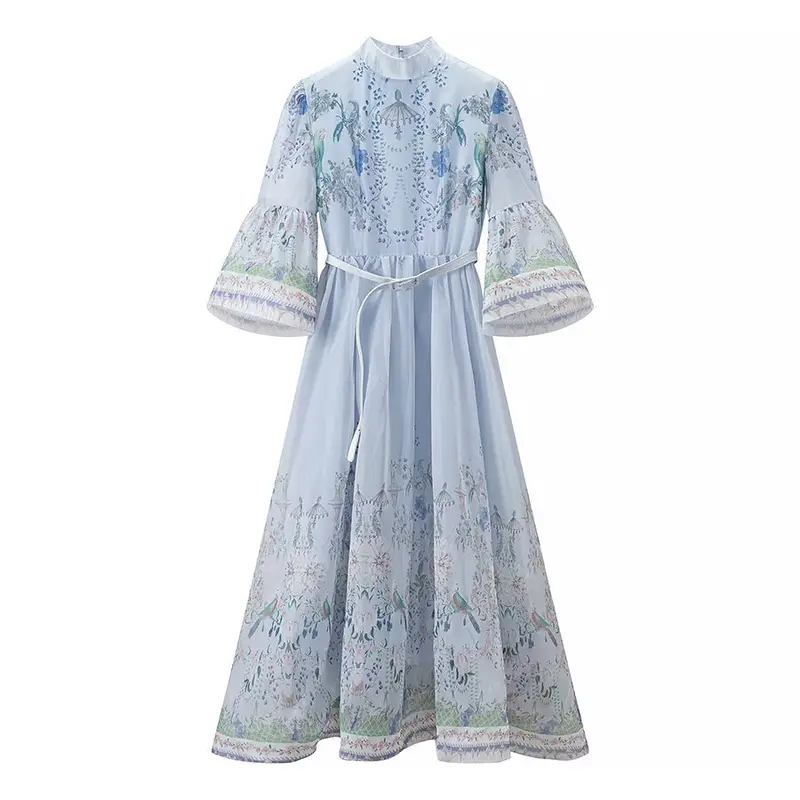 Damen Maxikleid im Vintage‑Print mit Stehkragen, Glockenärmeln und Taillengürtel Drune