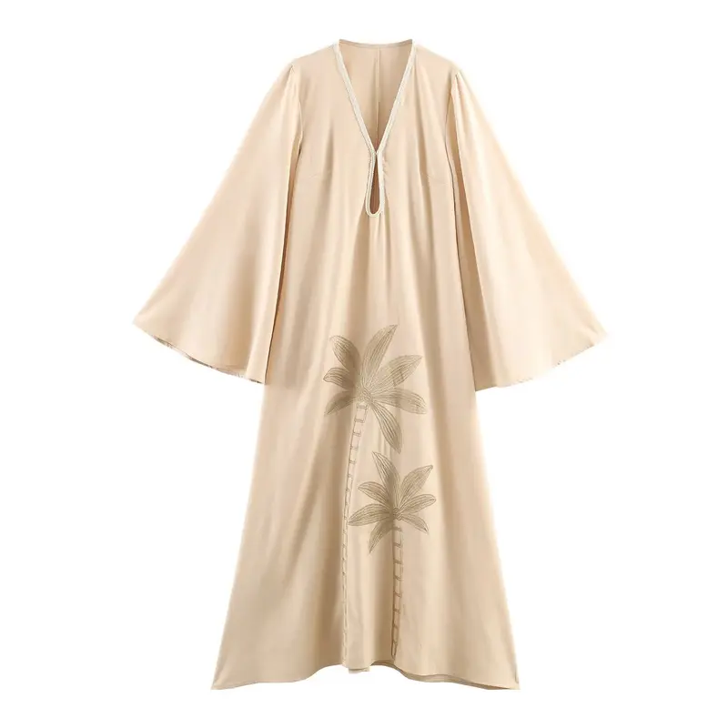 Damen Maxikleid-Kaftan mit Trompetenärmeln und Palmenstickerei Drune