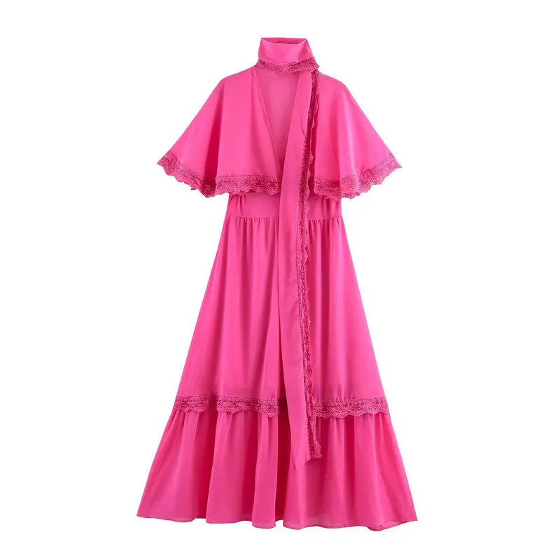 Damen Maxikleid mit Capelet, Stehkragen und Spitzenverzierung Drune