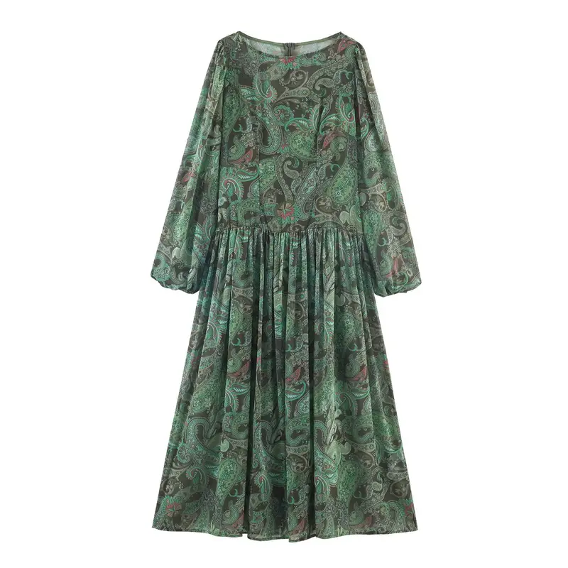 Damen Maxikleid mit Paisley-Print, transparentem Chiffon und Ballonärmeln Drune