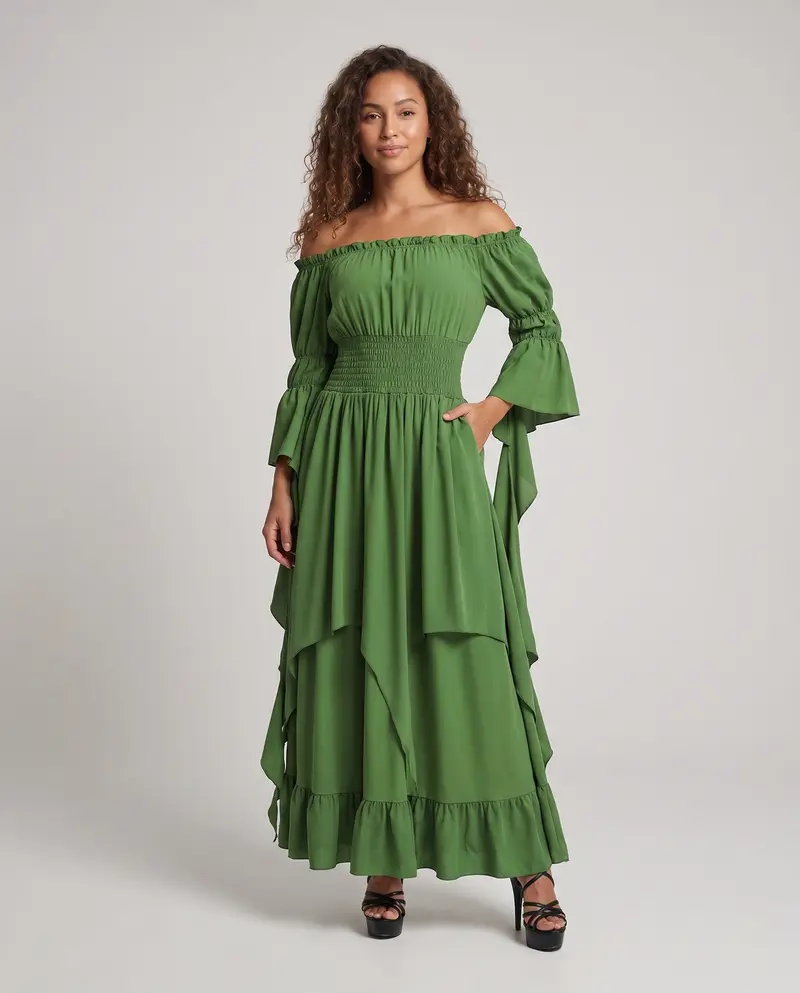 Damen Maxikleid mit schulterfreiem Design und langen, fließenden Ärmeln Drune