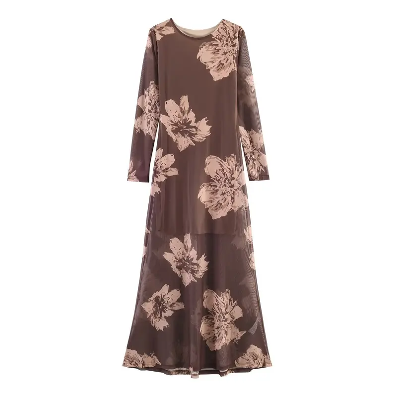 Damen Maxikleid mit semi-transparentem Mesh-Overlay, langen Ärmeln und ausgestellter A-Linie Drune
