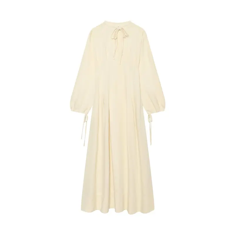 Damen Maxikleid mit Stehkragen, Bindeschal und Ballonärmeln Drune