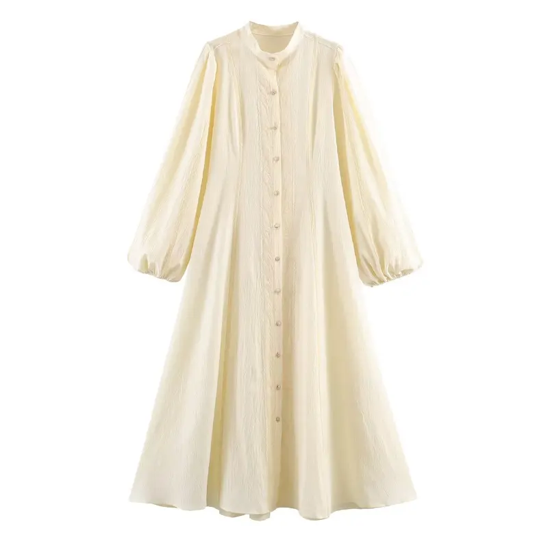Damen Maxikleid mit Stehkragen, durchgehender Knopfleiste und Ballonärmeln Drune