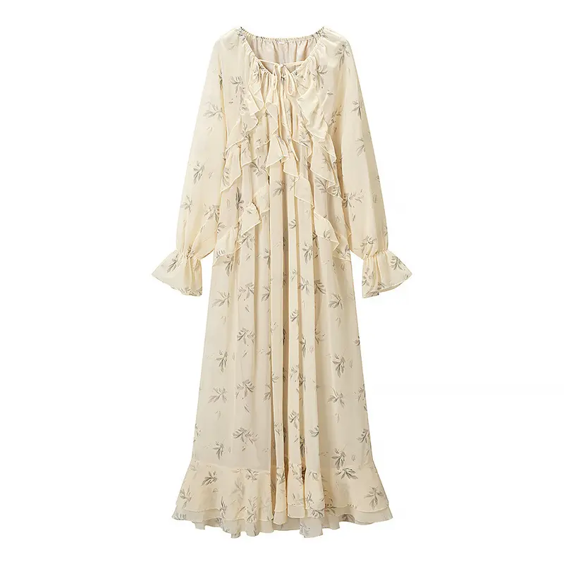 Damen Maxikleid mit Volants, langem Glockenärmel und floralem Chiffon-Design Drune