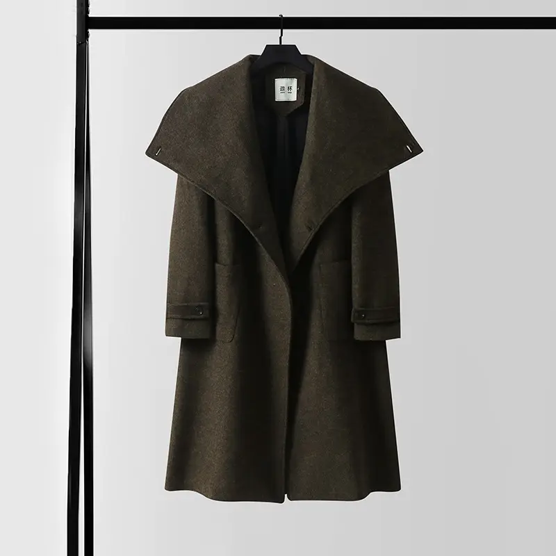 Damen Maxilanger Wollmix‑Mantel mit übergroßem Schalkragen und aufgesetzten Taschen Drune