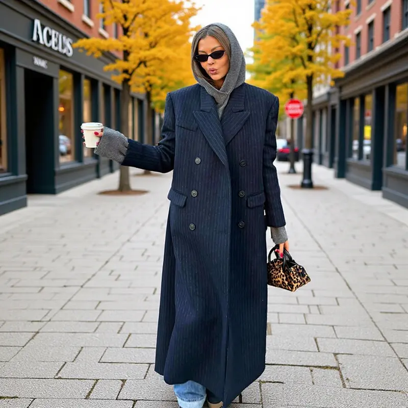 Damen Maximaler Oversize-Mantel im Nadelstreifen-Look mit doppelreihiger Knopfleiste und langen Silhouette Drune