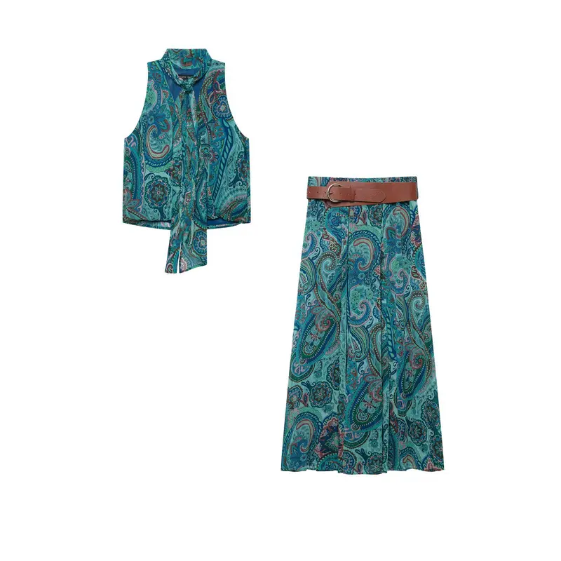 Damen Maxirock mit Paisley-Print, leichtem Fall, Plissee-Details und Taillengürtel Drune