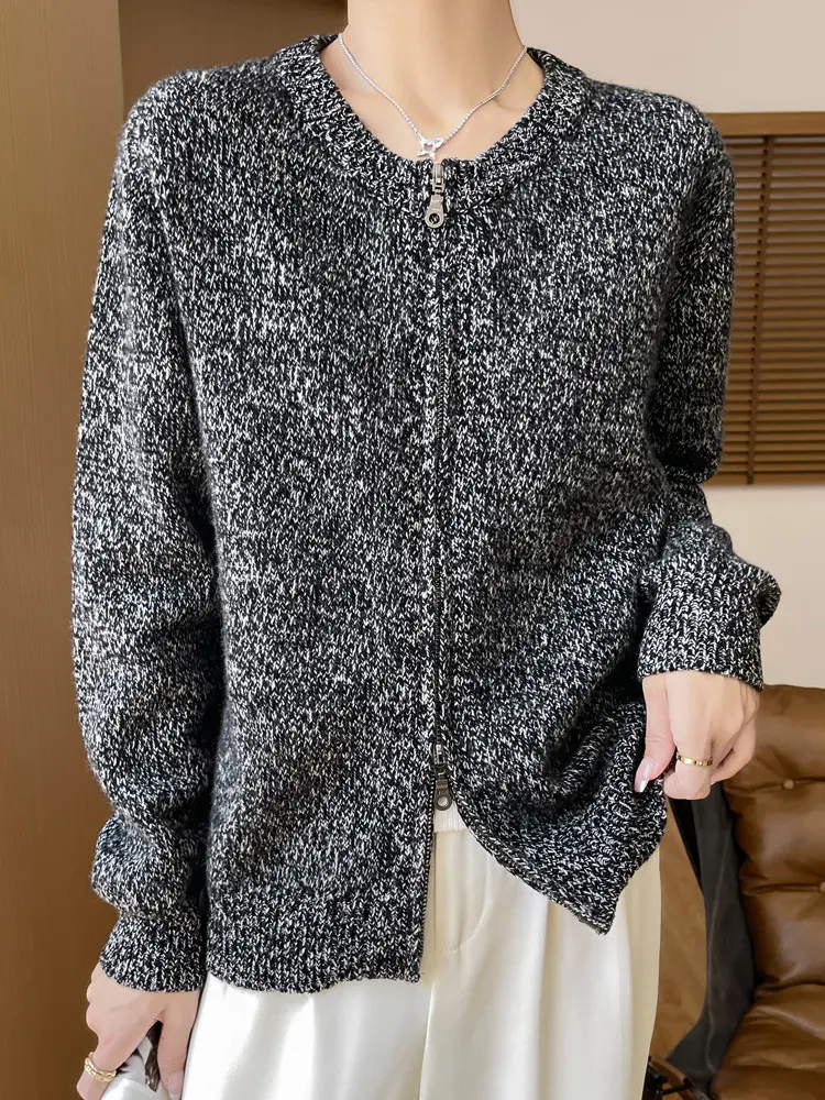 Damen Melierter Reißverschluss-Cardigan mit Zwei-Wege-Zipper und gerippten Bündchen Drune