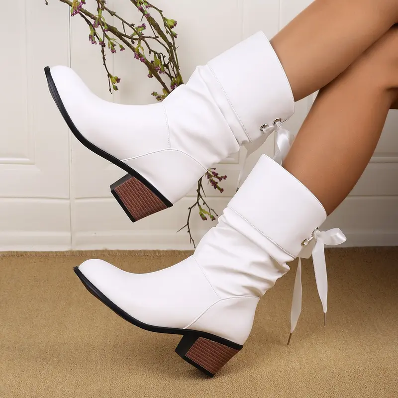 Damen Mid‑Calf Slouch‑Stiefel mit dekorativer Satinschleife Drune