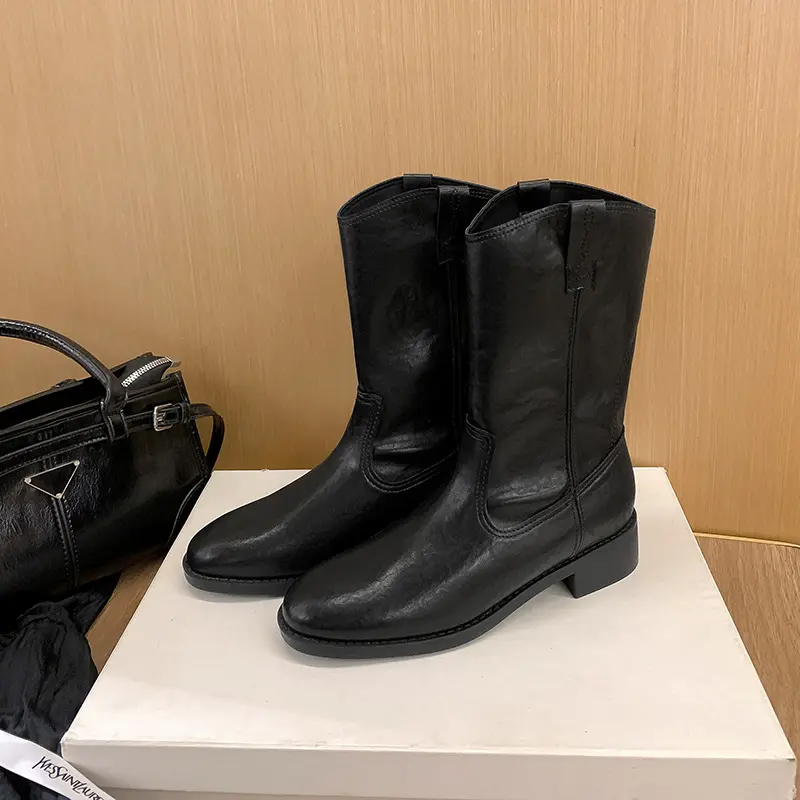 Damen Mid-Calf Western-Stiefel aus Glattleder mit niedriger Blockabsatz Drune