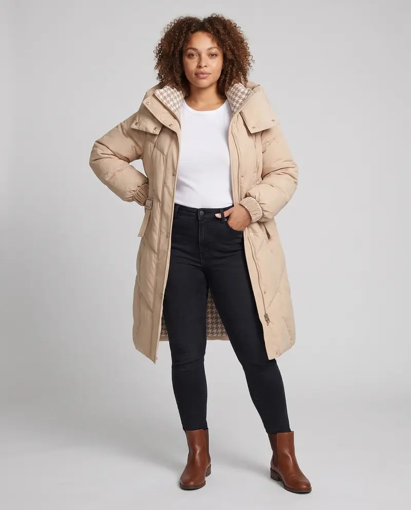 Damen mid-length Thermo Kapuzenmantel mit asymmetrischem Chevron-Steppdesign und winddichter Außenschicht