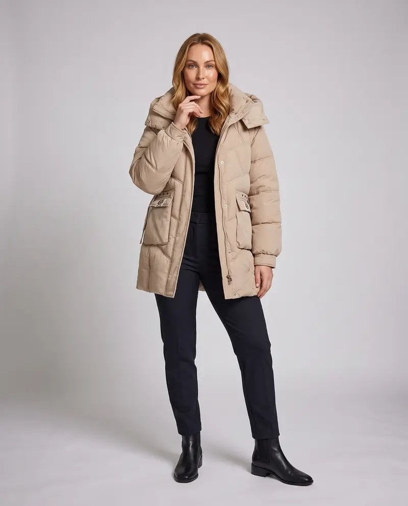 Damen mid-long gepolsterte Parka mit hohem Stehkragenklappe, verstaubarem Kapuze und großen Cargo-Taschen