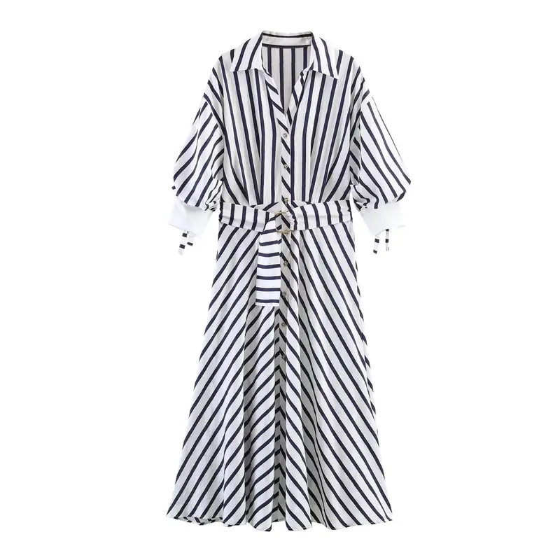Damen Midi-Hemdblusenkleid mit diagonalen Streifen, tailliertem Bindegürtel und Ballonärmeln Drune