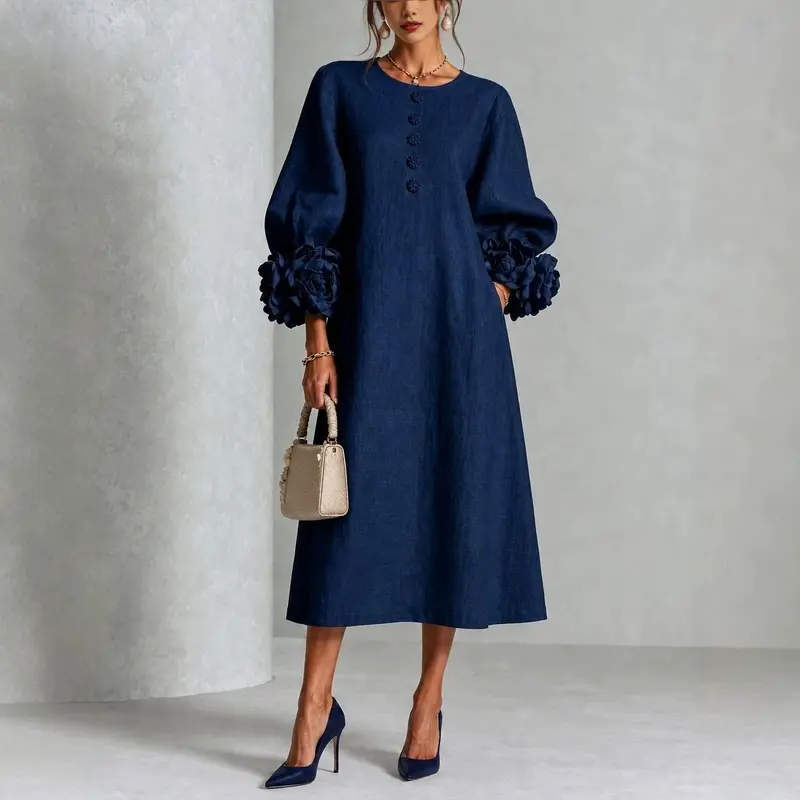 Damen Midikleid aus Leinen mit Ballonärmeln und 3D-Blütenmanschetten Drune