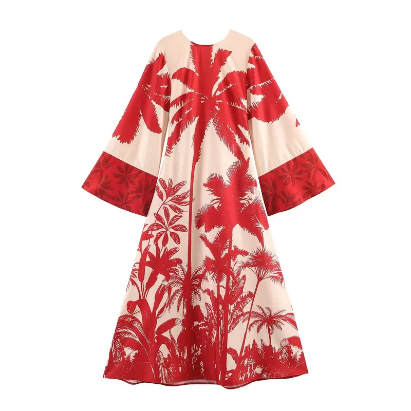 Damen Midikleid im Kimono‑Stil mit weitem Glockenärmel und tropischem Palmendruck Drune