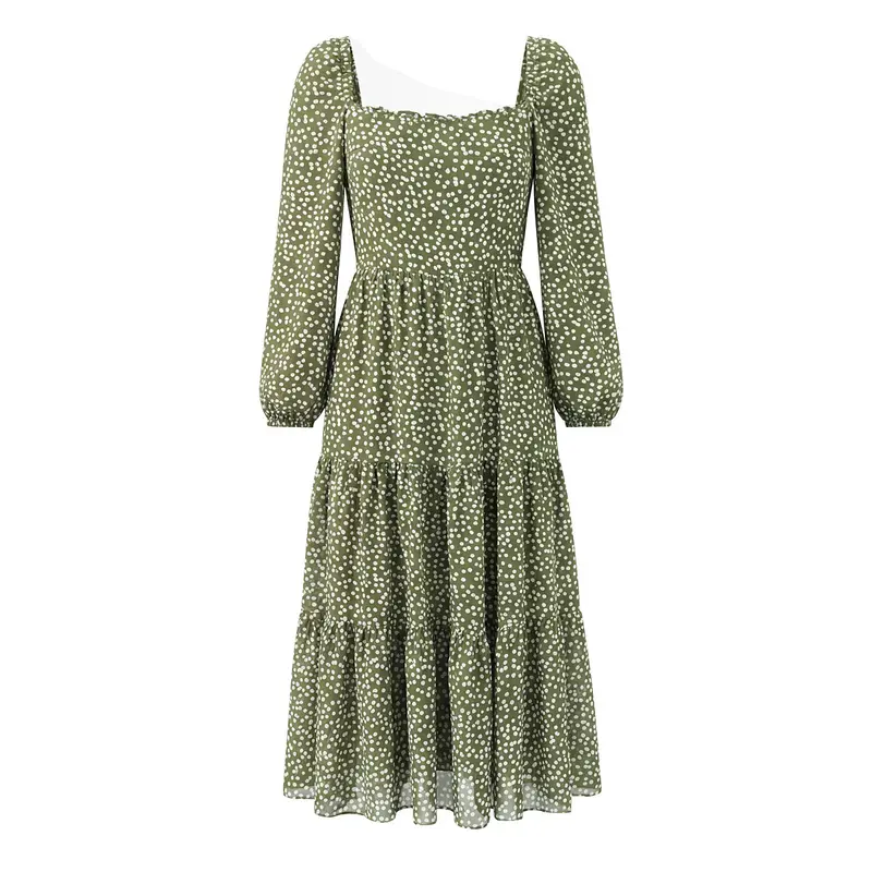 Damen Midikleid im Stufen-Design mit quadratischem Ausschnitt und Puffärmeln Drune