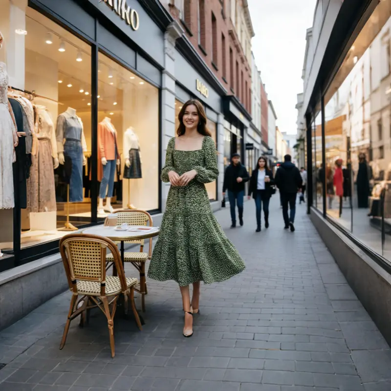Damen Midikleid mit quadratischem Ausschnitt, gerafftem Rückenteil und Stufenrock Drune