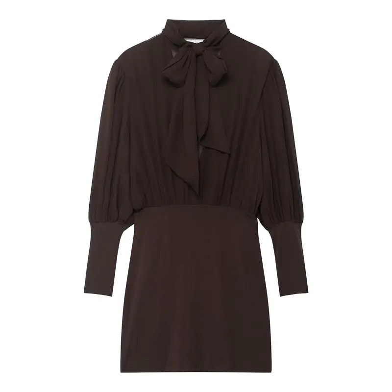 Damen Midikleid mit Schleifenkragen und plissierten Ballonärmeln Drune