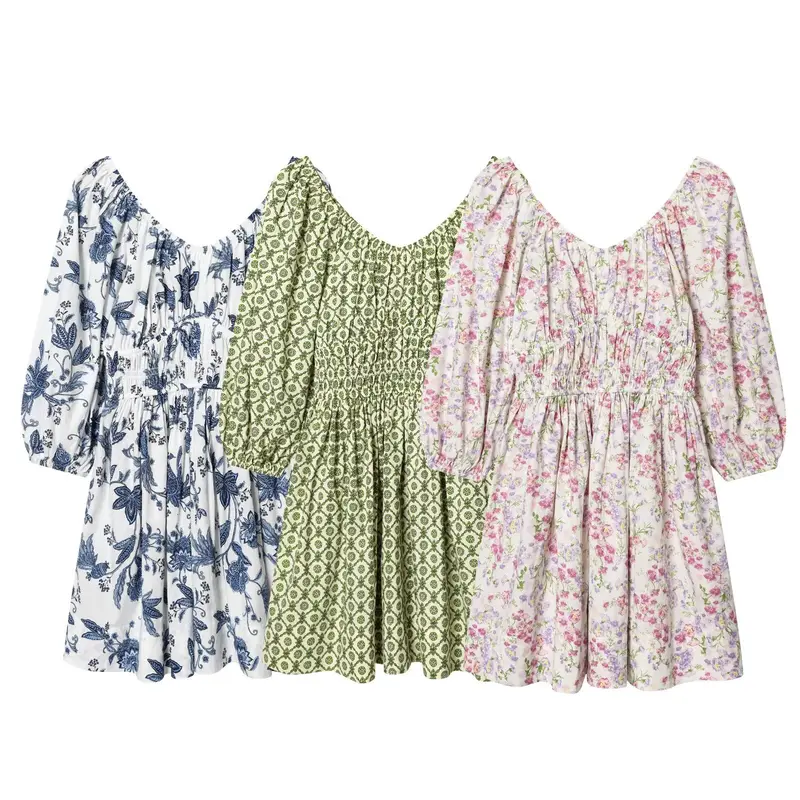 Damen Midikleid mit Smoktaillen, Ballonärmeln und ausgestelltem Rock Drune
