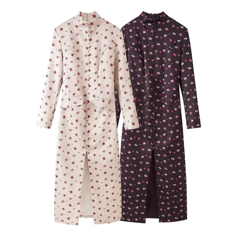 Damen Midikleid mit Stehkragen, floraler Allover‑Print und verdeckter Knopfleiste Drune