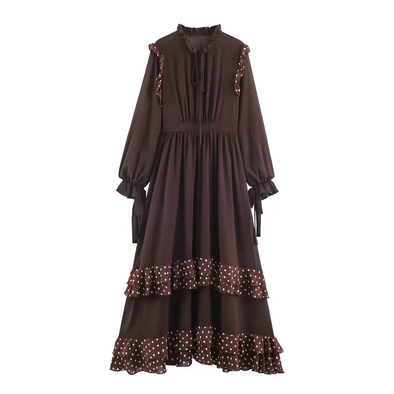 Damen Midikleid mit Volantstufen, Stehkragen und Ballonärmeln Drune