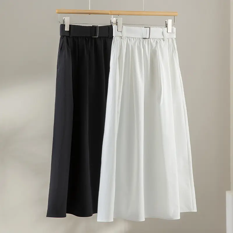 Damen Midilanger A-Linien-Rock mit hoher Taille, Faltenwurf und Taillengürtel Drune