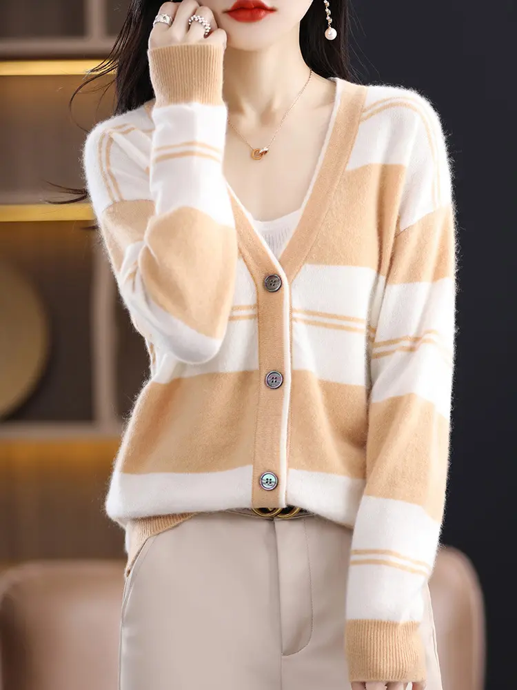 Damen Midilanger Feinstrick-Cardigan mit breiten Blockstreifen, V-Ausschnitt und gerippten Bündchen Drune