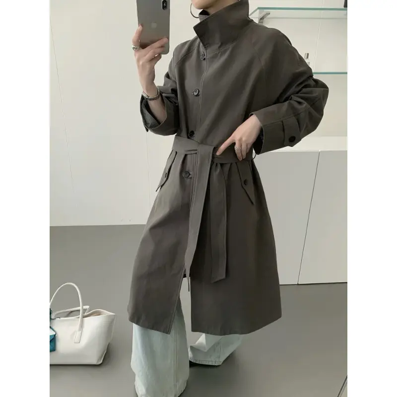 Damen Midilanger Trenchcoat mit hohem Stehkragen, Bindegürtel und lässiger Oversize-Silhouette Drune
