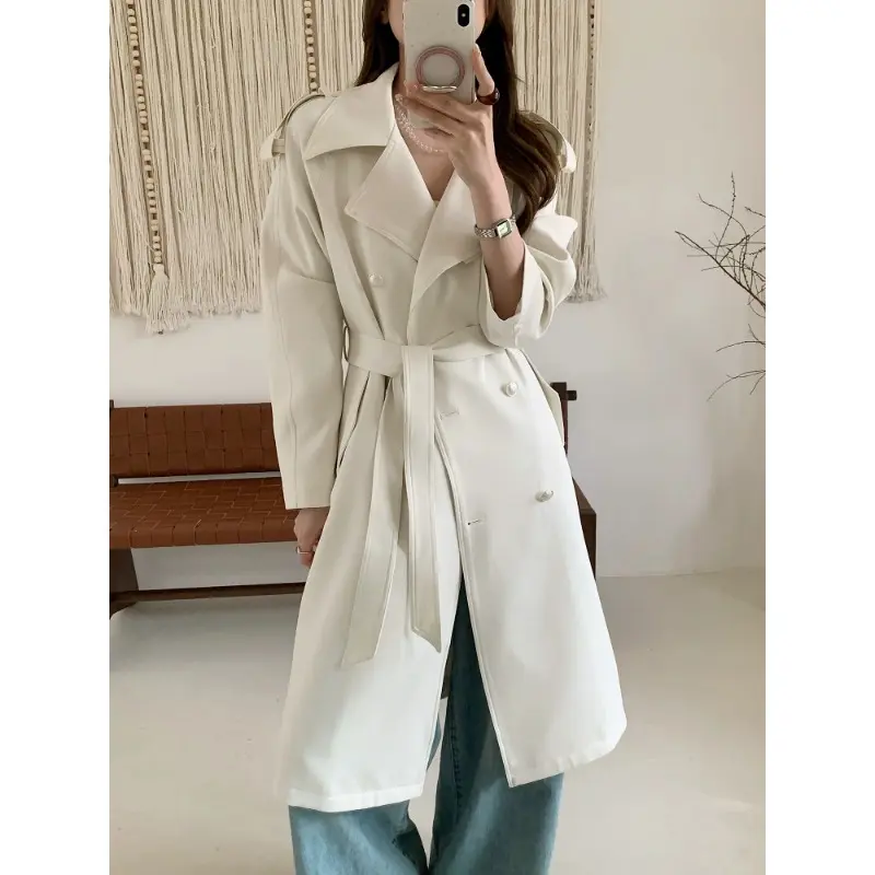 Damen Midilanger Trenchcoat mit Oversize-Schultern und Perlmuttknöpfen Drune