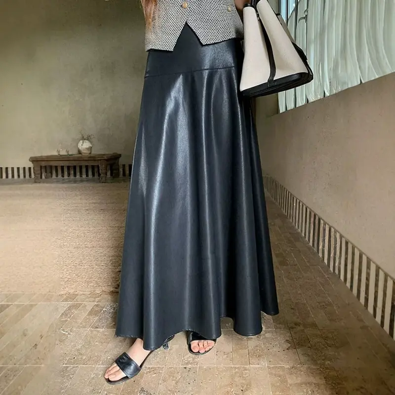Damen Midirock aus Kunstleder mit hoher Taille und ausgestellter A‑Linie Drune