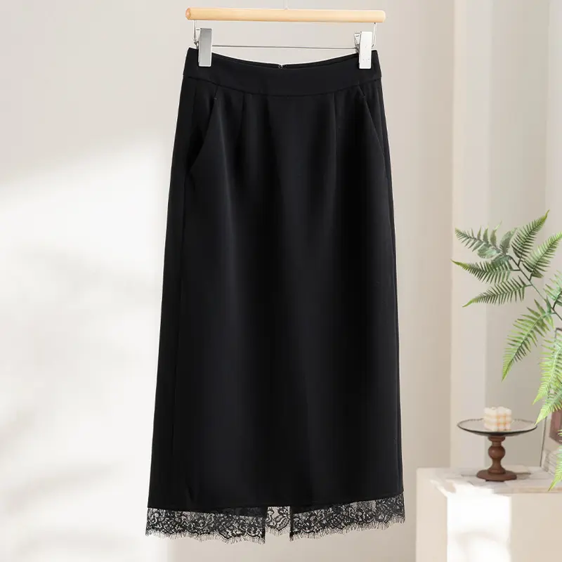 Damen Midirock aus Satin mit Spitzenbesatz und Seitentaschen Drune