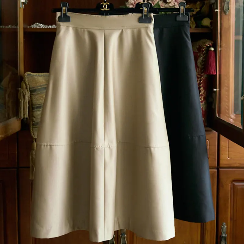 Damen Midirock aus veganem Leder mit hoher Taille und gestufter A‑Linie Drune