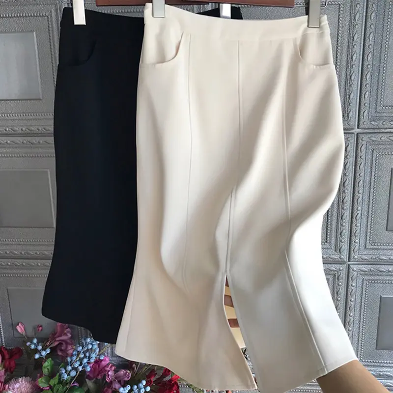 Damen Midirock mit hohem Bund, Teilungsnähten und mittigem Schlitz Drune