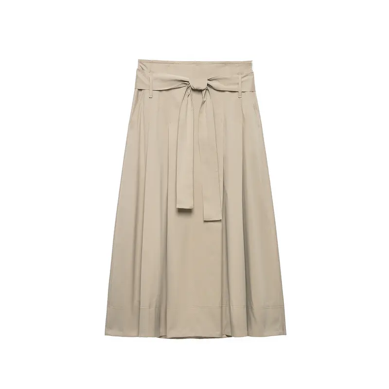 Damen Midirock mit hoher Taille, weitem Godet-Schnitt und Bindegürtel Drune