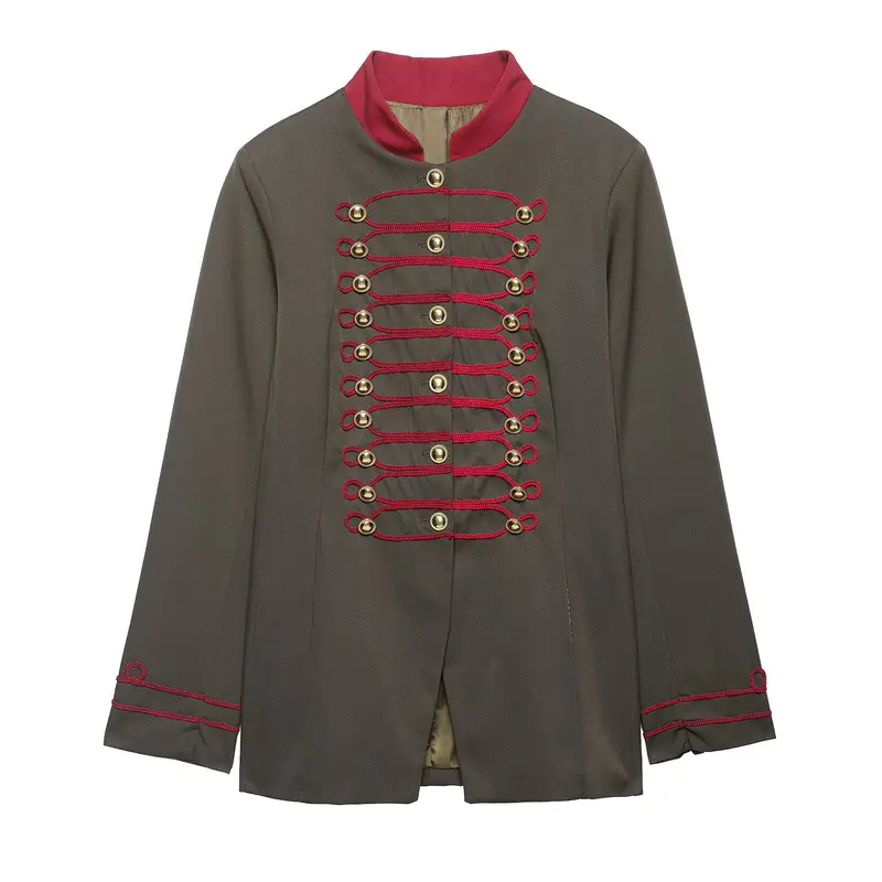 Damen Militärinspirierte Kastenjacke mit dekorativen Froschverschlüssen und Stehkragen Drune