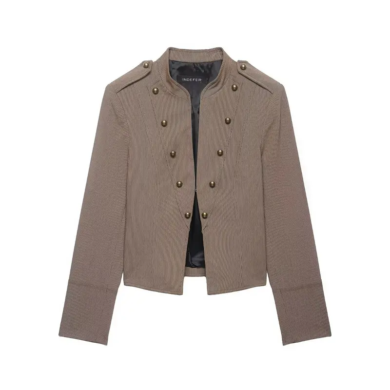 Damen Militärinspirierte Kurzjacke mit Stehkragen, doppelter Zierknopfleiste und Epauletten Drune