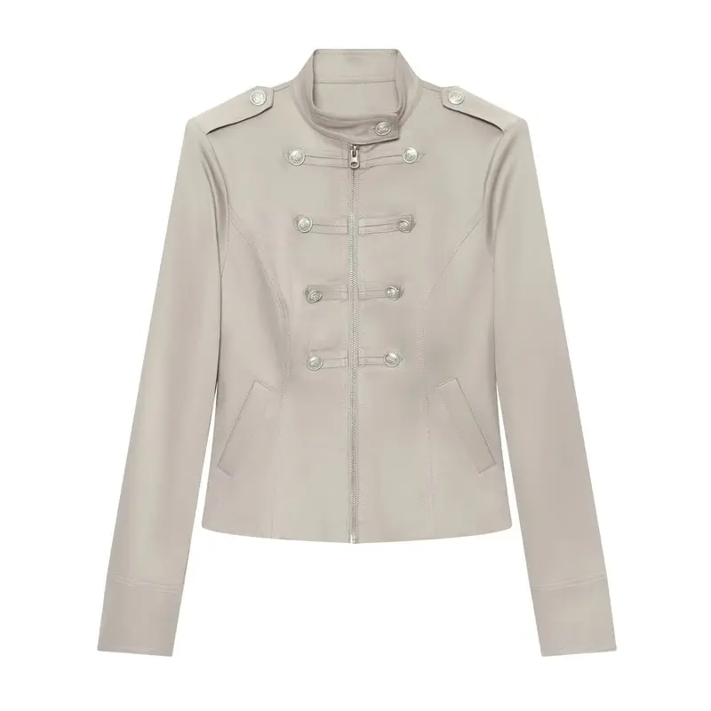 Damen Militärinspirierte Kurzjacke mit Stehkragen, Zierknopfleiste und Reißverschluss Drune