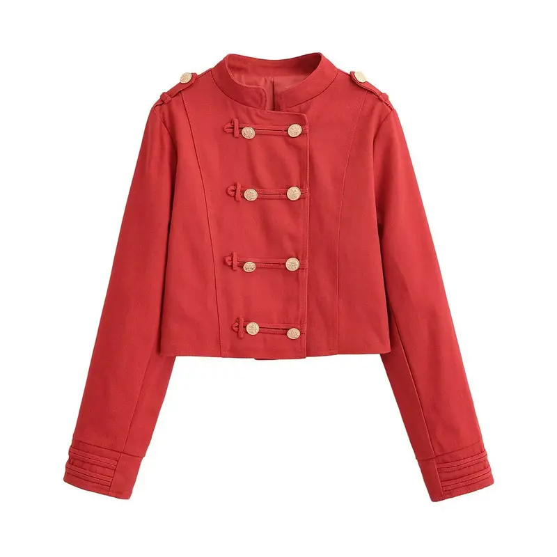 Damen Militärinspirierte Kurzjacke mit Stehkragen, Zierriegeln und goldenen Zierknöpfen Drune