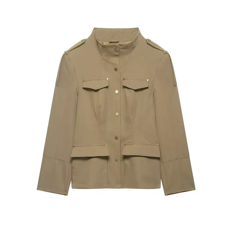Damen Militärinspirierte Utility-Jacke mit Stehkragen und aufgesetzten Pattentaschen Drune